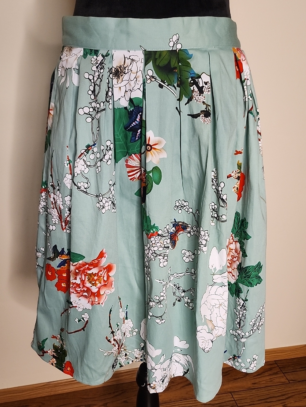 NWT Green Floral Pleated Midi Skirt Adjustable Waist Medium Grace Karin